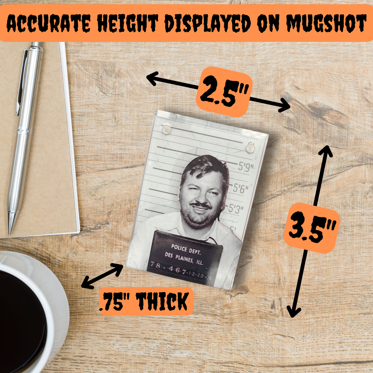 John Wayne Gacy Acrylic Mugshot Decor – True Crime Serial Killer Collectible, Dark Aesthetic Desk or Shelf Display for Horror & Crime Enthusiasts
