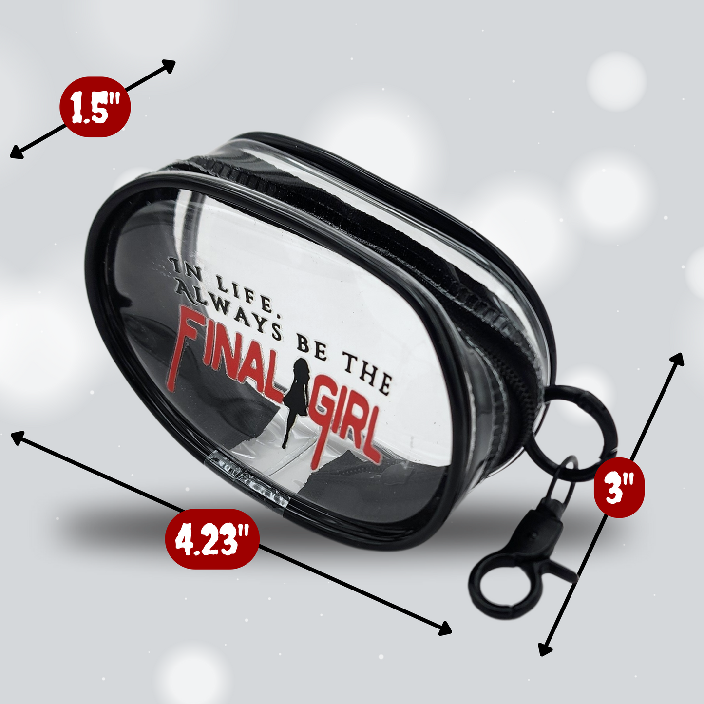 Final Girl Mini Stash Case – Clear Zip Pouch with Horror Final Girl Design, Compact Storage for Small Essentials, Earbuds, Coins & More