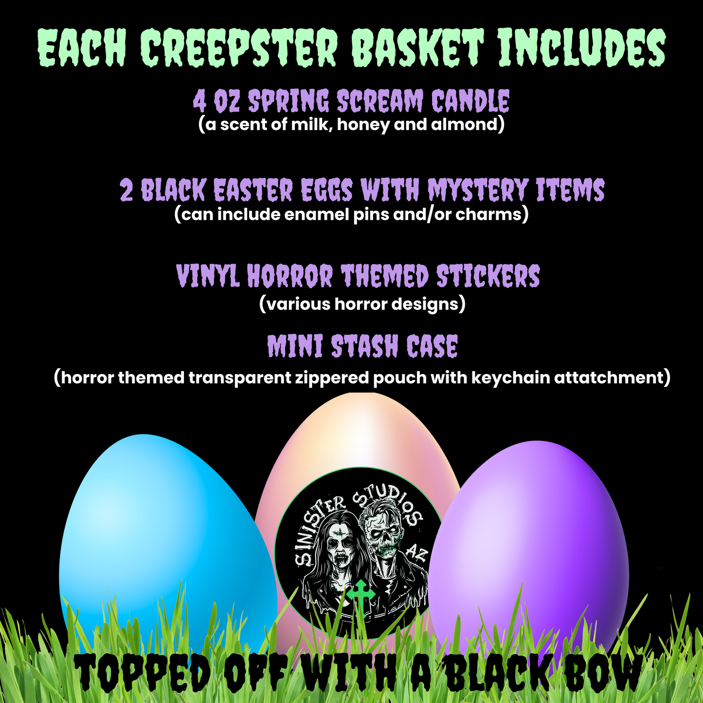 Creepster Basket | Horror Mystery Easter Basket | Spooky Goth Gift with Horror-Themed Surprises & Black Eggs