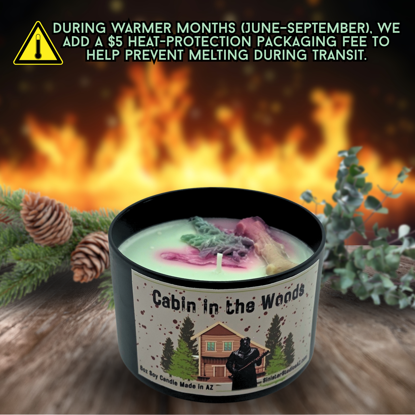 Cabin in the Woods Horror Candle & Wax Melts Set | Campfire Pine Eucalyptus Candle | Slasher Cabin Decor | Sinister Studios AZ