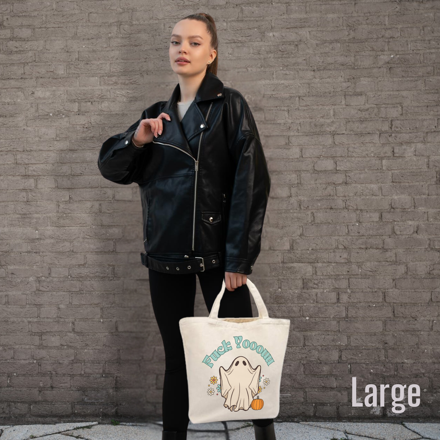 F You Ghost tote bag with zipper closure, halloween tote bag, retro ghost tote bag, gift for horror fan, reusable shopping tote, horror movie tote bag gift for her