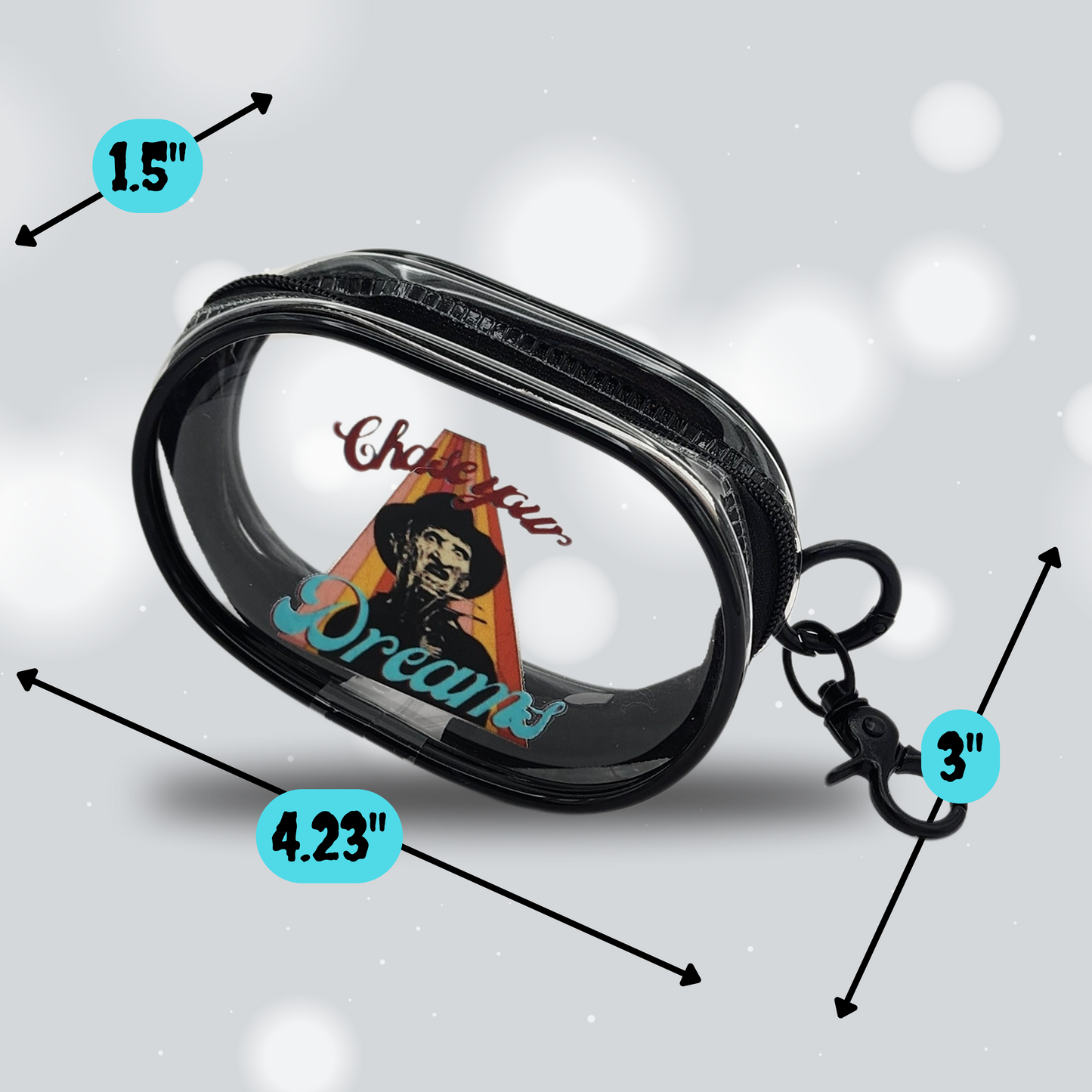 Chase your Dreams Mini Stash Case – Clear Zip Pouch with Freddy Krueger Design, Compact Storage for Small Essentials, Earbuds, Coins & More
