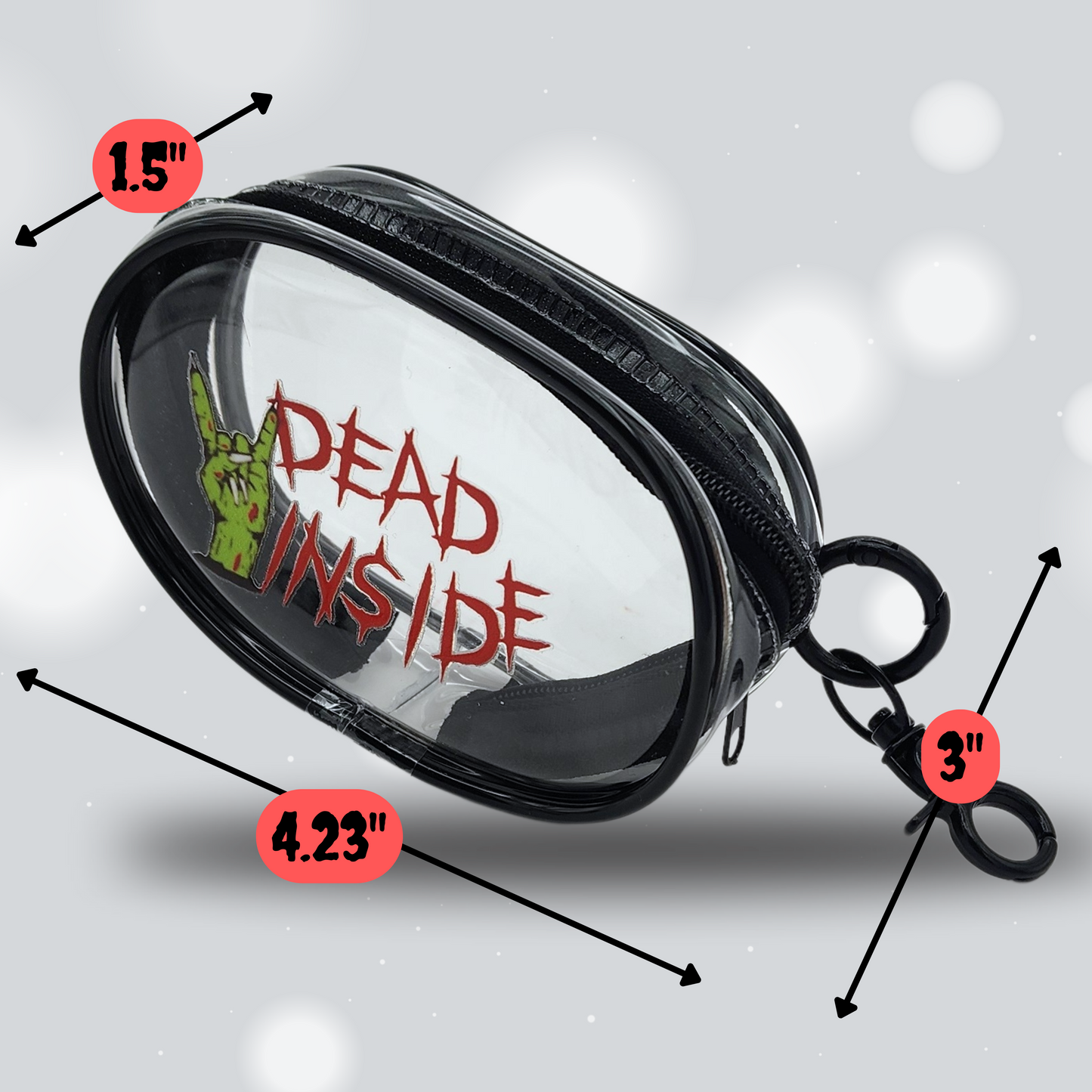 Dead Inside Mini Stash Case – Clear Zip Pouch with Macabre Zombie Design, Compact Storage for Small Essentials, Earbuds, Coins & More