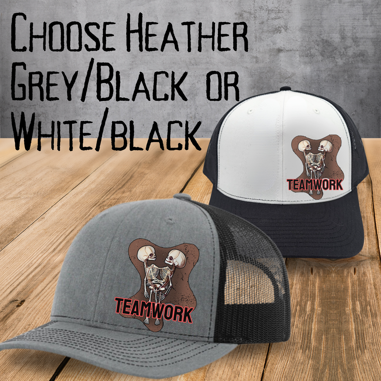 Teamwork Trucker hat horror snapback hat for her punk ballcap for him horror fan gift skeleton macabre trucker hat