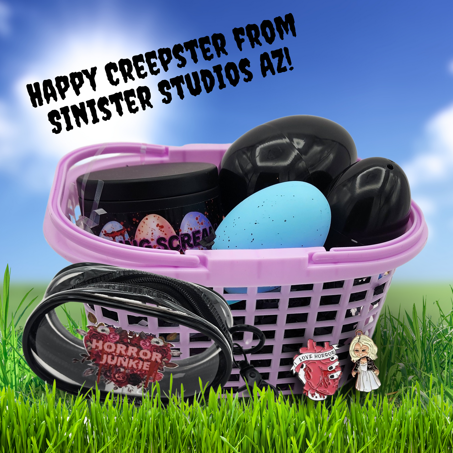 Creepster Basket | Horror Mystery Easter Basket | Spooky Goth Gift with Horror-Themed Surprises & Black Eggs