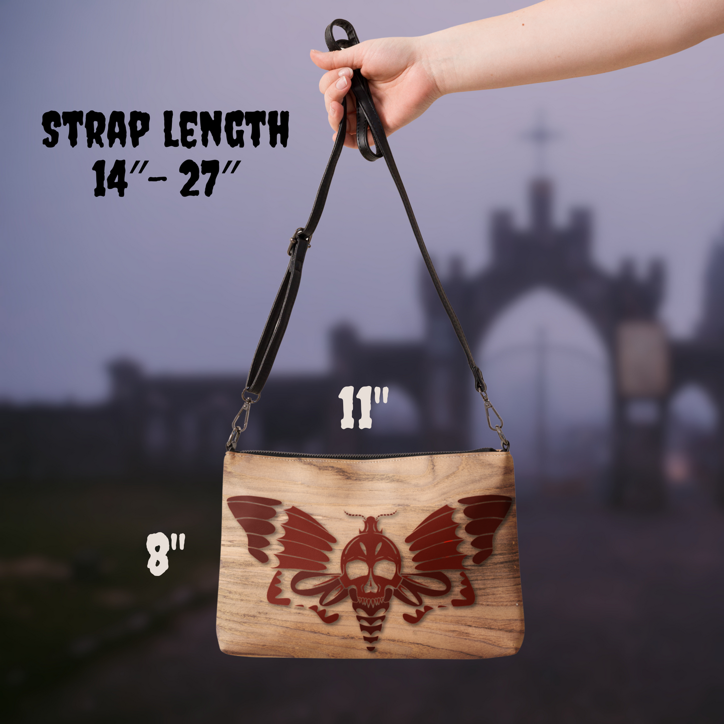 Ouija Board Crossbody Clutch Bag – Horror Moth Design, Faux Leather, Wristlet & Adjustable Strap – Gothic Occult Purse by Sinister Studios AZ