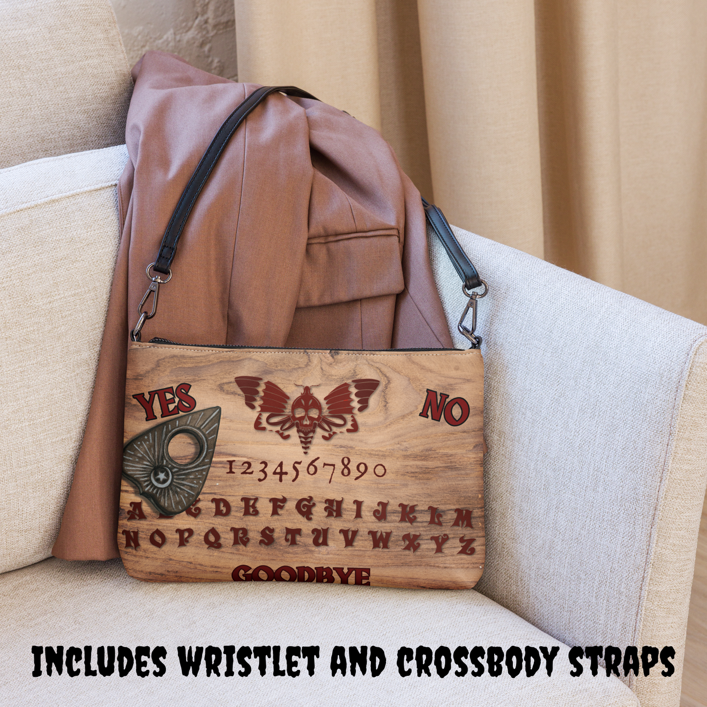 Ouija Board Crossbody Clutch Bag – Horror Moth Design, Faux Leather, Wristlet & Adjustable Strap – Gothic Occult Purse by Sinister Studios AZ