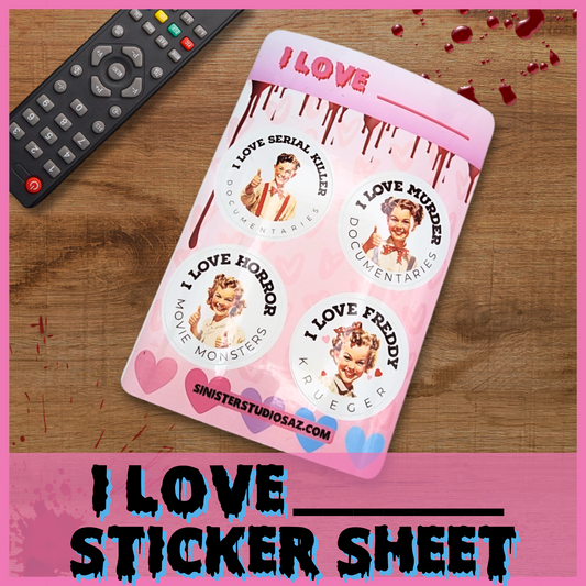 I Love _____ Horror Sticker Pack Serial Killer, Murder Docs, Freddy Krueger, and Monsters | Retro Horror Vinyl Stickers for True Crime Fans