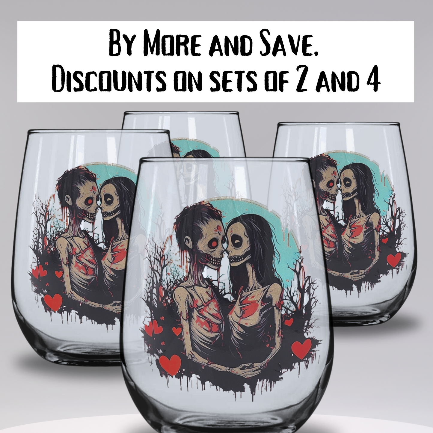 Zombie Love Stemless Wine Glass 17oz wine glass Spooky Gift for Couples zombie drinking glass set Halloween Weddings Housewarmings zombie valentine gift Gothic Home Decor punk zombie drinkware Gothic drinkware