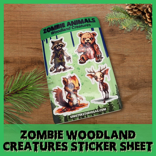 Zombie Woodland Creatures Sticker Pack – 4 Die-Cut Horror Animal Stickers | Zombie Bear, Squirrel, Raccoon & Deer | Creepy Cute Gifts
