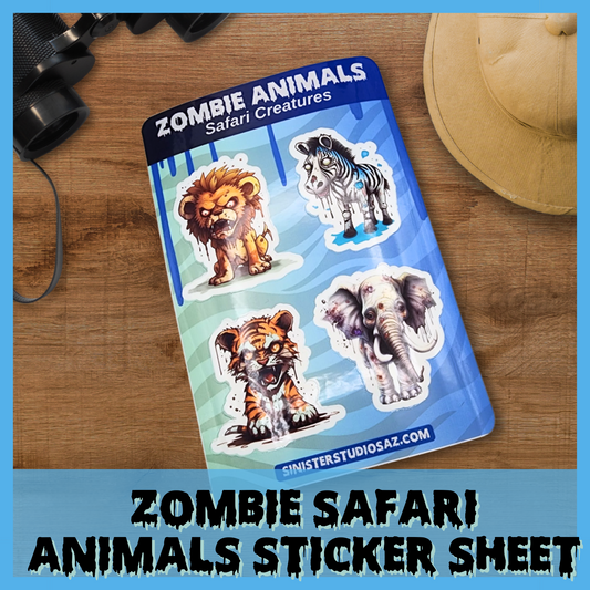 Zombie Safari Creatures Sticker Pack – 4 Horror Animal Stickers: Lion, Tiger, Elephant, Zebra | Creepy Cute Vinyl Sticker Sheet Gift