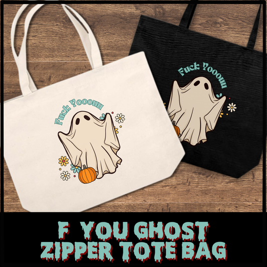 F You Ghost tote bag with zipper closure, halloween tote bag, retro ghost tote bag, gift for horror fan, reusable shopping tote, horror movie tote bag gift for her