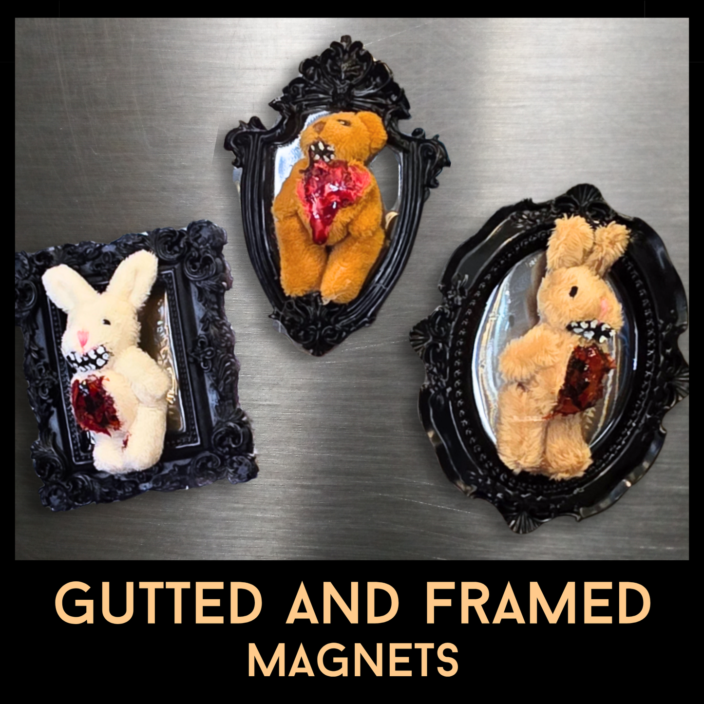 Gutted & Framed™ Gothic Plush Magnets | Handmade Horror Bunny & Bear Magnets