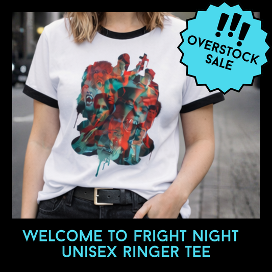 Welcome to Fright Night Unisex Ringer Tee – 80s Vampire Horror Inspired Graphic Shirt – White & Black Comfort Colors Overstock Sale