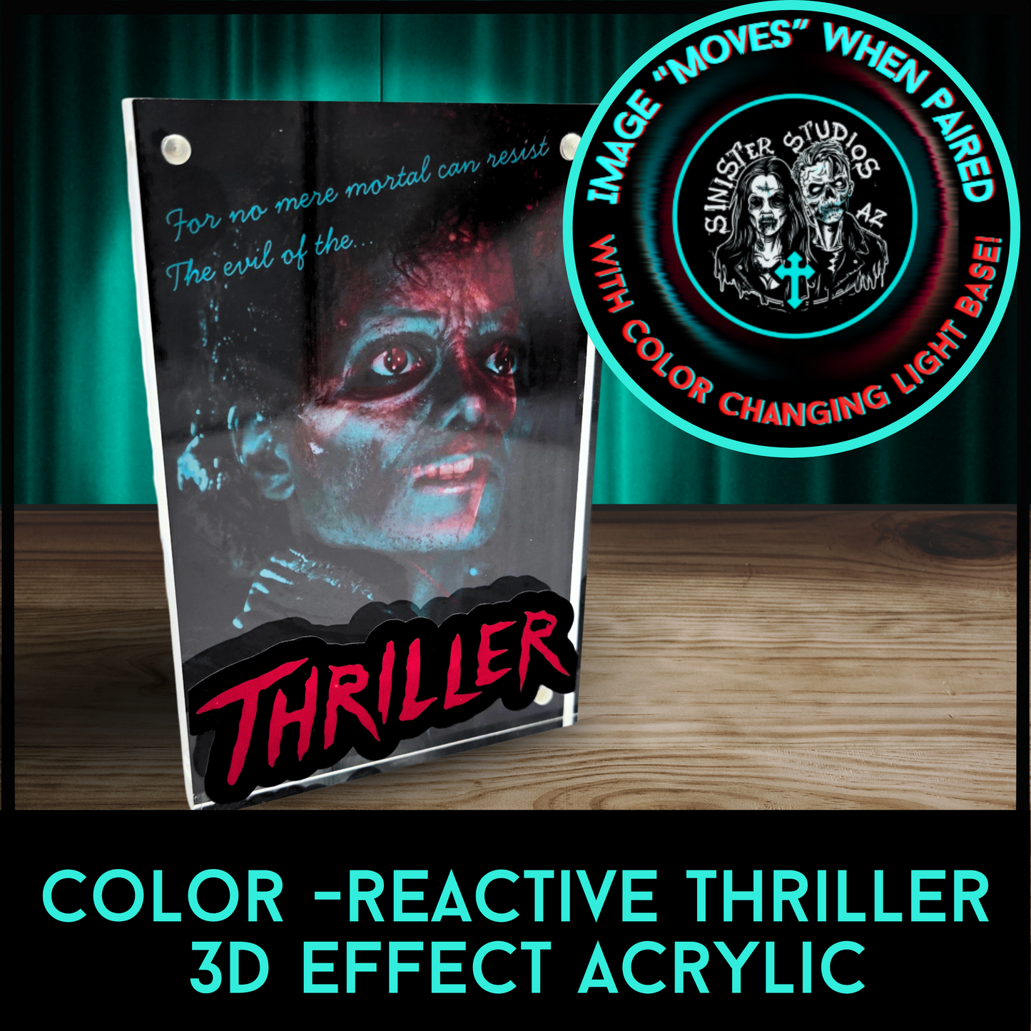Color Reactive Thriller Acrylic Display, Michael Jackson Inspired 3D Effect Art, LED Light Reactive Horror Collectible, Autograph Display 4x6