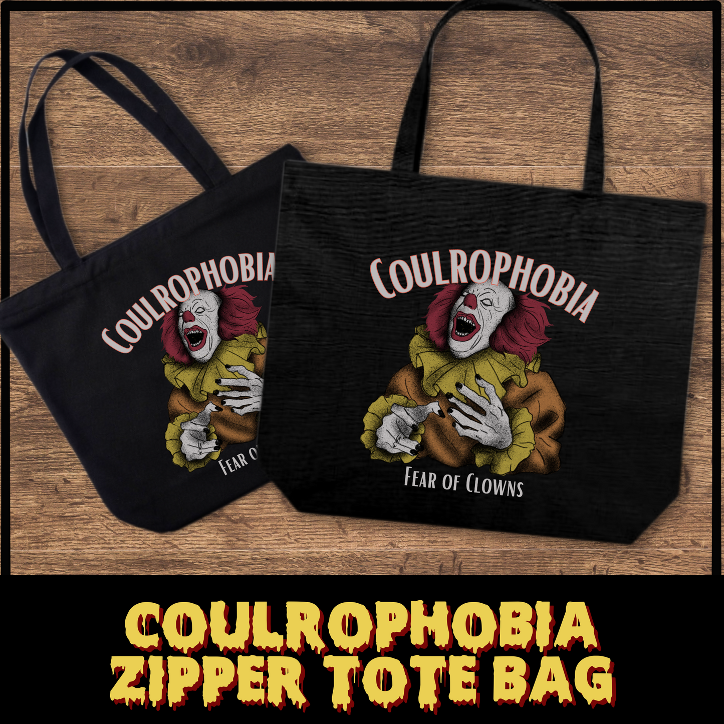 Coulrophobia tote bag with zipper closure, clown phobia tote bag, gift for horror fan, reusable shopping tote, horror movie tote bag gift for her