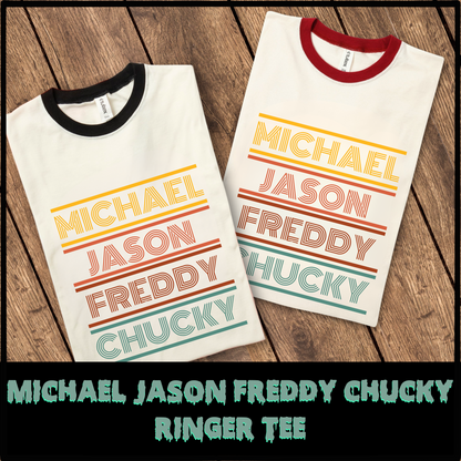 Michael Jason Freddy Chucky Ringer Tee Retro horror tee gift for her horror fan ringer tee for him