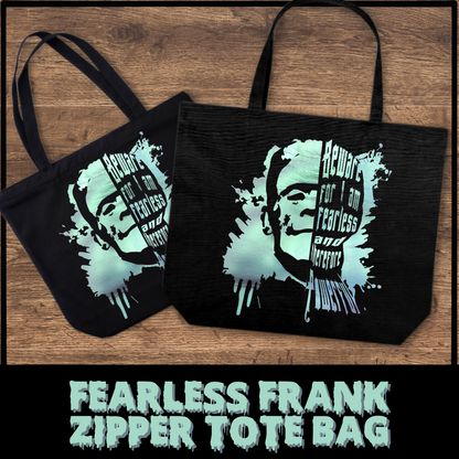 Fearless Frank tote bag with zipper closure, Frankenstein, gift for horror fan, movie monster gift, reusable shopping tote, horror tote bag gift for her