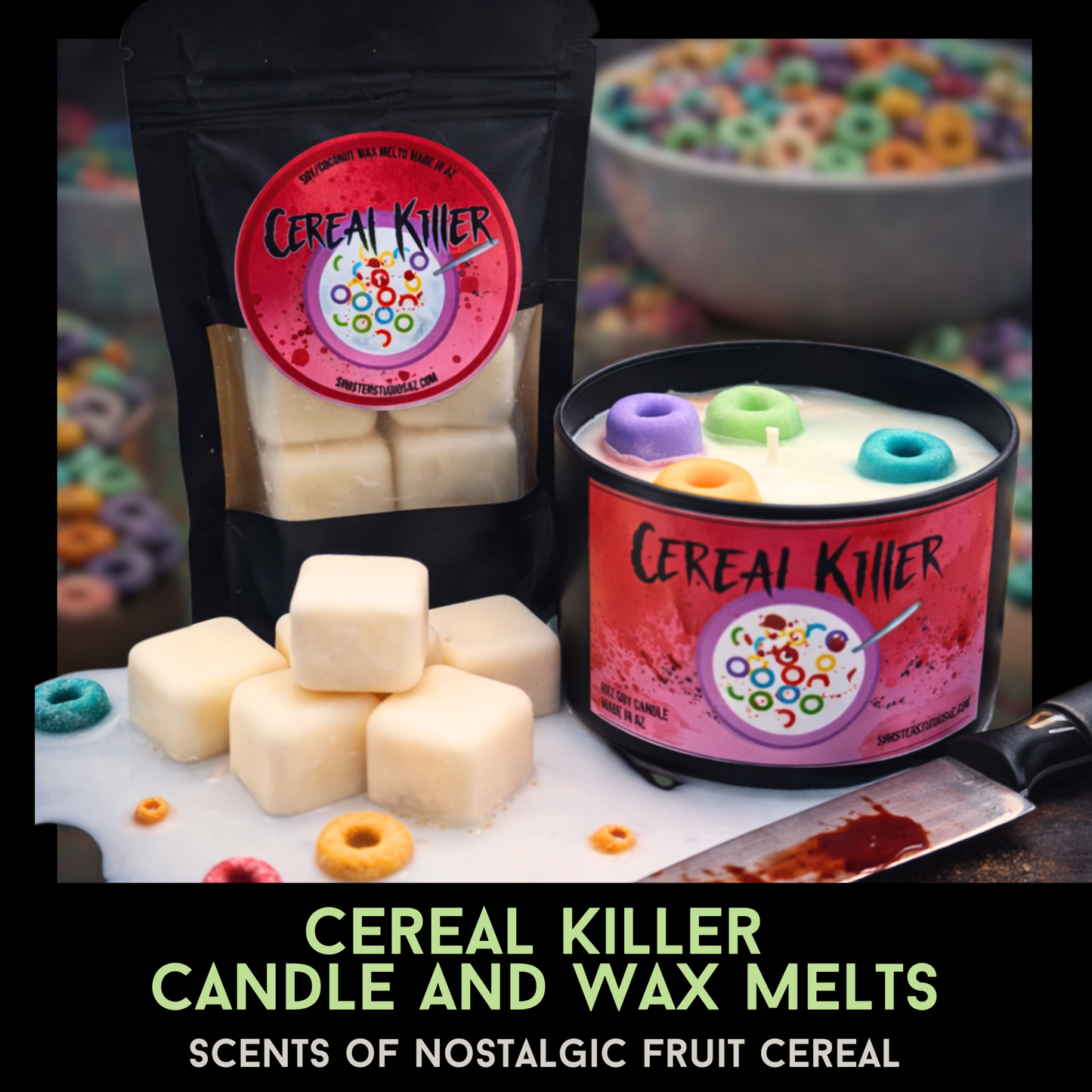 Cereal Killer Horror Candle & Wax Melts | Nostalgic Fruit Cereal Scent | Creepy Kitchen Decor | Funny Horror Gift | Made in AZ