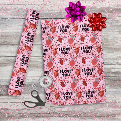 I Love You Hearts pink gift wrap Valentines Day gift wrap holiday gift wrap gore hearts wrapping paper for her Horror Anniversary gift wrap