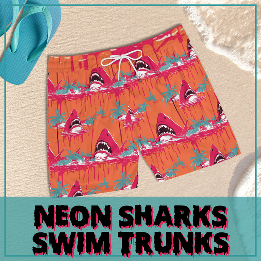 Neon Shark mens swim trunks with pockets shark pattern midlength swim shorts mesh lined swim trunks gift for him horror shark swim trunks