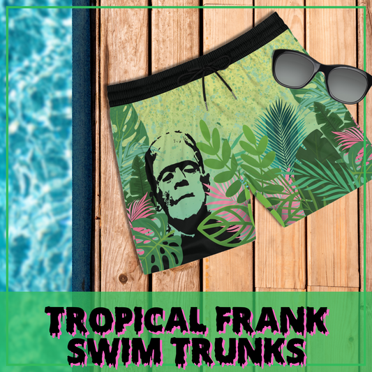Tropical Frank men's swim trunks with pockets Frankenstein mid-length swim shorts mesh lined swim trunks gift for him horror shark swim trunks