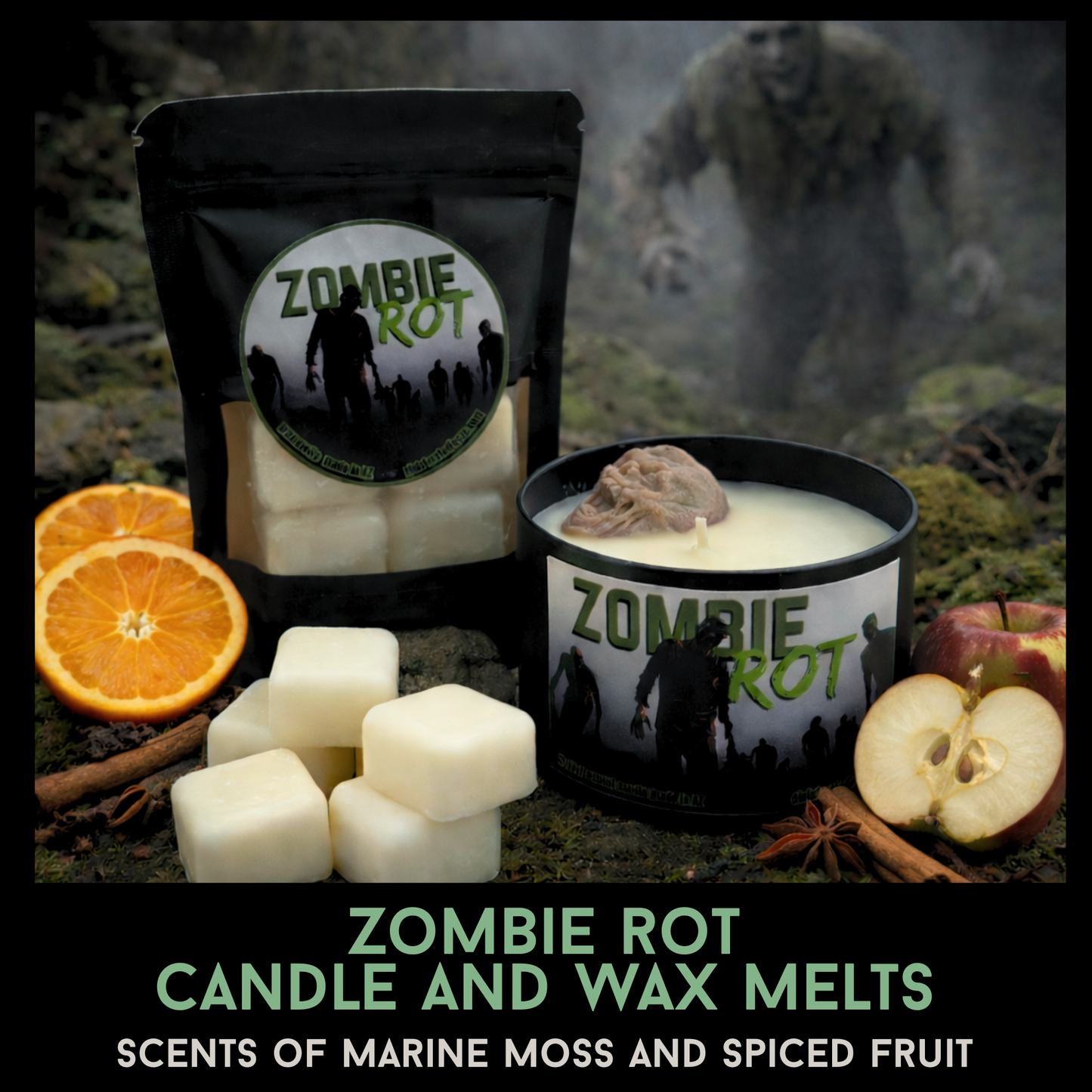 Zombie Rot Horror Candle and Wax Melts | Marine Moss Spiced Fruit Scent | Goth Home Decor | Skull Candle | Creepy Gift