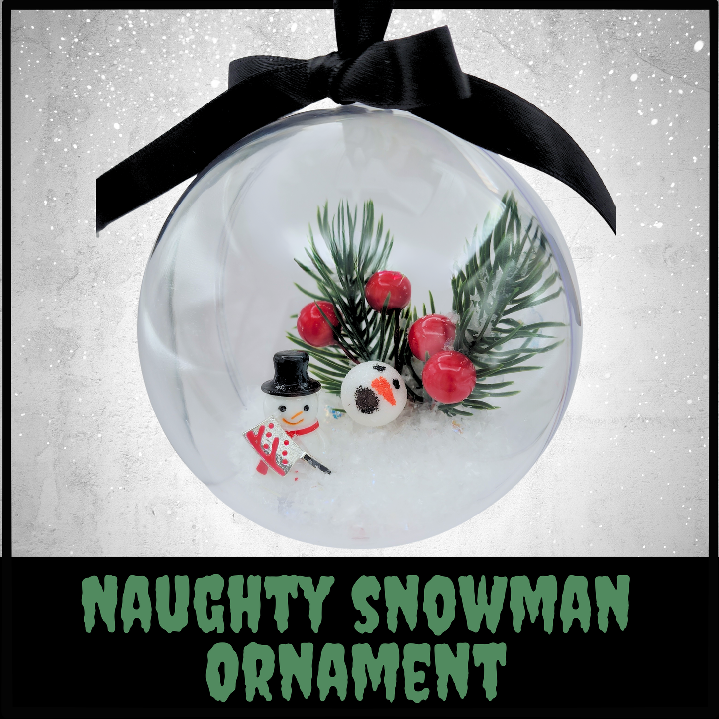 Naughty Snowman Ornament | Killer Snowman Winter Scene with Loose Head and Hatchet | Sinister Studios AZ Horror Holiday Décor