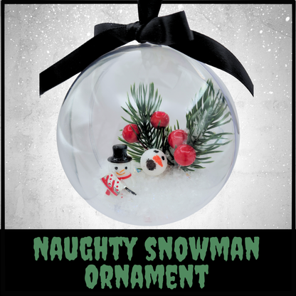 Naughty Snowman Ornament | Killer Snowman Winter Scene with Loose Head and Hatchet | Sinister Studios AZ Horror Holiday Décor