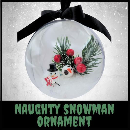 Naughty Snowman Ornament | Killer Snowman Winter Scene with Loose Head and Hatchet | Sinister Studios AZ Horror Holiday Décor