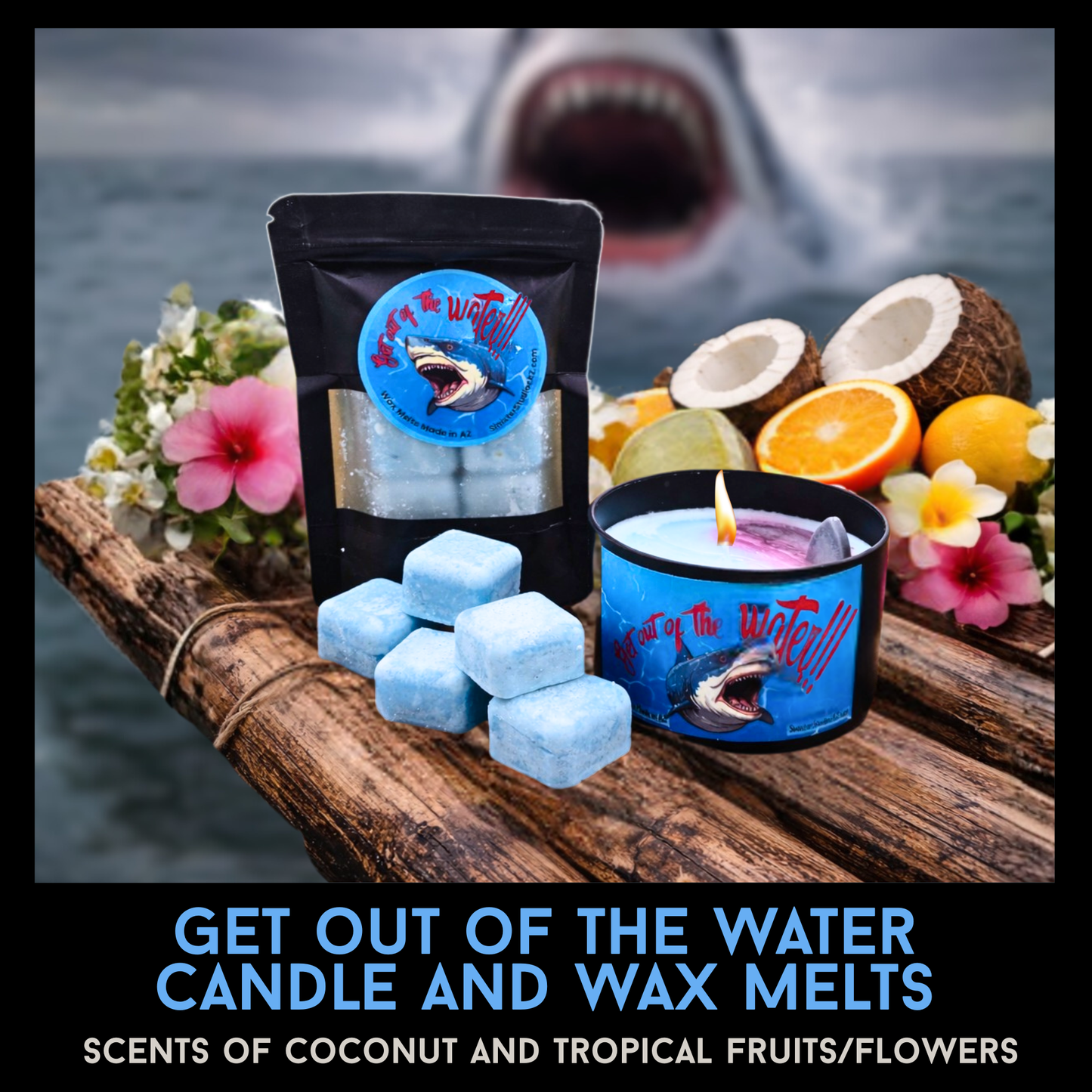 Get Out of the Water Shark Candle & Wax Melts | Horror Beach Candle | Coconut Tropical Fruit Scent | Shark Fin Wax | Sinister Studios AZ