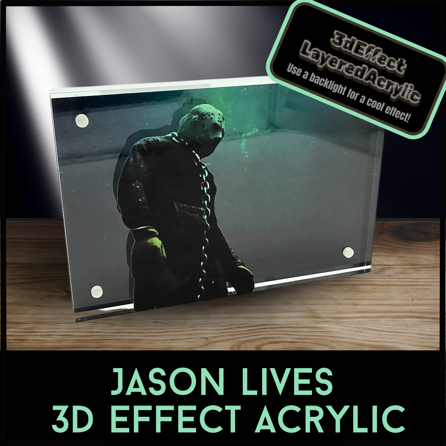 Jason Lives 3D Effect Acrylic Horror Decor, Friday the 13th Inspired Desk Art, Layered Acrylic Display with Optional Light Base