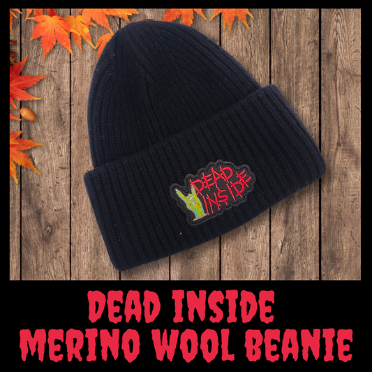 Dead Inside Merino Wool Beanie – Horror Embroidered Patch Hat, merino wool hat, Warm & Soft Skull Cap for Cold Weather, Goth Streetwear