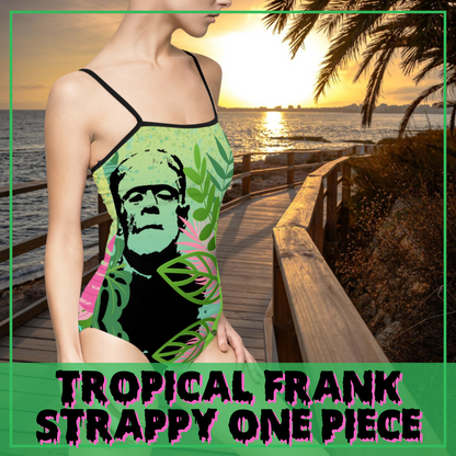 Tropical Frank women's strappy one piece swimsuit classic monster horror swimsuit gift for her Classic movie monster horror fan Frankenstein swimsuit