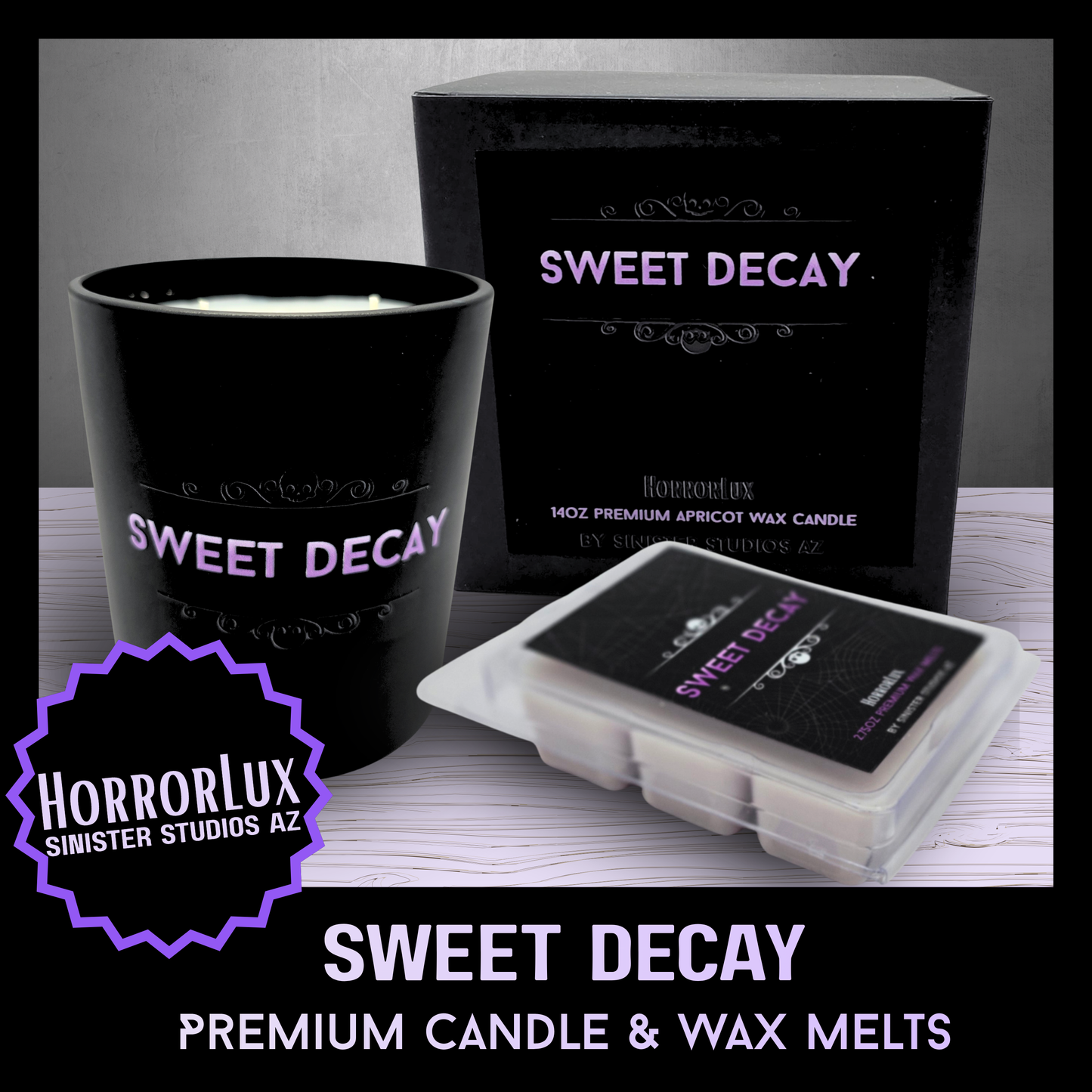 Sweet Decay HorrorLux Candle & Wax Melts Set, Honeysuckle Sandalwood Goth Luxury Candle, Horror Gift Decor