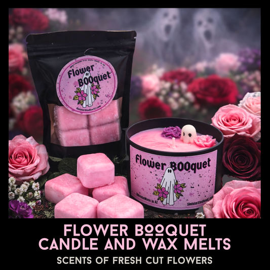 Flower BOOquet Ghost Candle & Wax Melts Set, Floral Scented Horror Candle, Pink Gothic Decor, Creepy Cute Gift, Spooky Home Fragrance