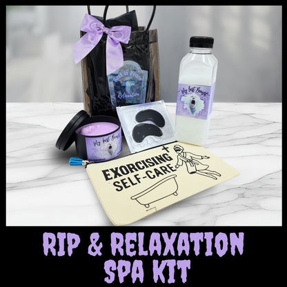 RIP & Relaxation Spa Kit – Gothic Self Care Gift Set with Candle, Bath Salts, Eye Mask & Pouch – Lavender or Eucalyptus – Horror Mother's Day Gift