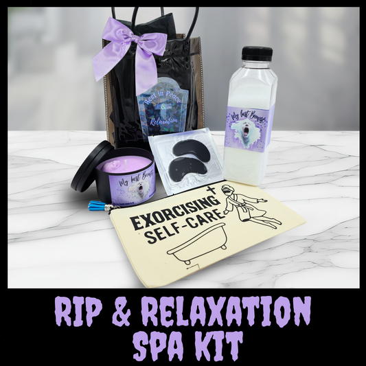 RIP & Relaxation Spa Kit – Gothic Self Care Gift Set with Candle, Bath Salts, Eye Mask & Pouch – Lavender or Eucalyptus – Horror Mother's Day Gift