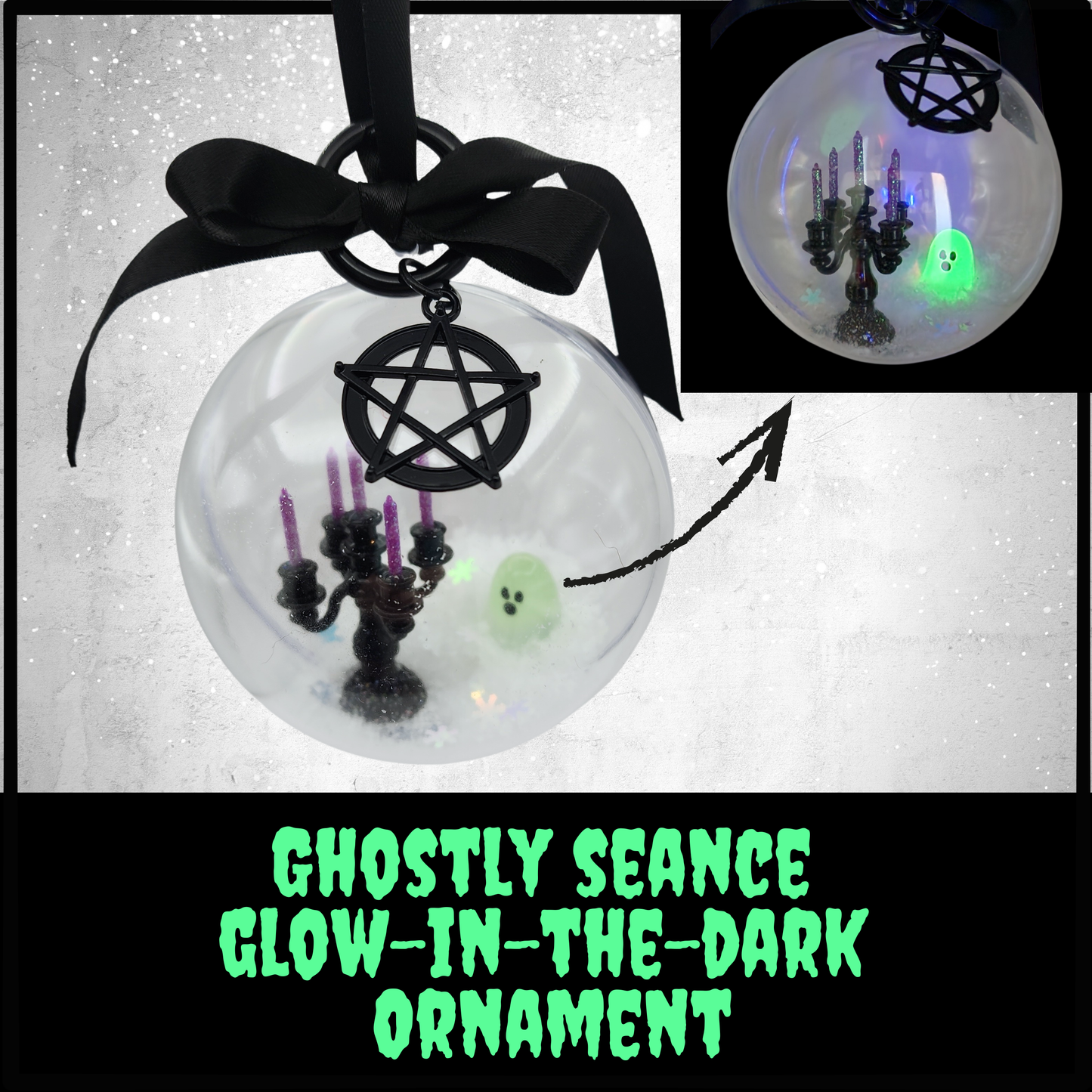 Ghostly Seance Glow-in-the-Dark Ornament | Haunted Candelabra and Ghost Scene with Pentagram Charm | Sinister Studios AZ