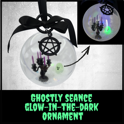 Ghostly Seance Glow-in-the-Dark Ornament | Haunted Candelabra and Ghost Scene with Pentagram Charm | Sinister Studios AZ