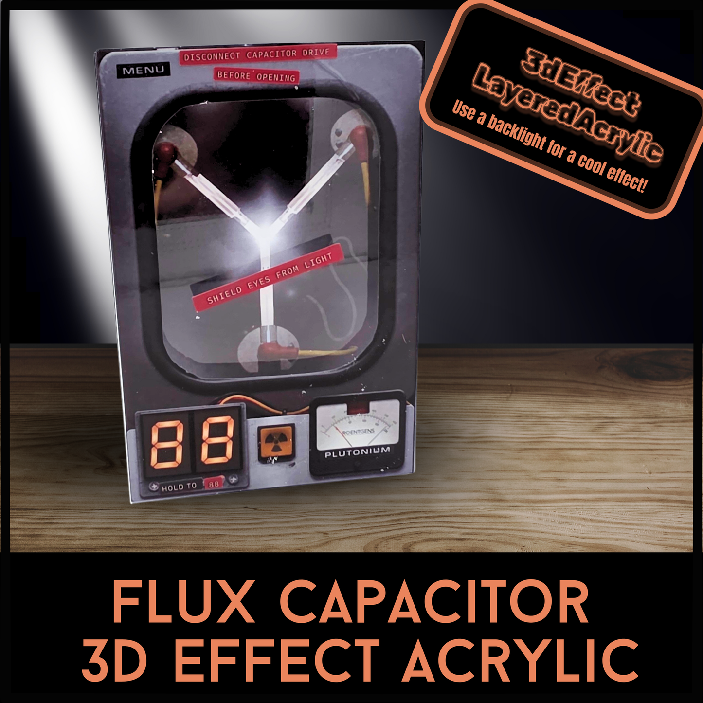 Flux Capacitor 3D Effect Acrylic Sci-Fi Decor, Back to the Future Inspired Layered Acrylic Display with Optional Light Base