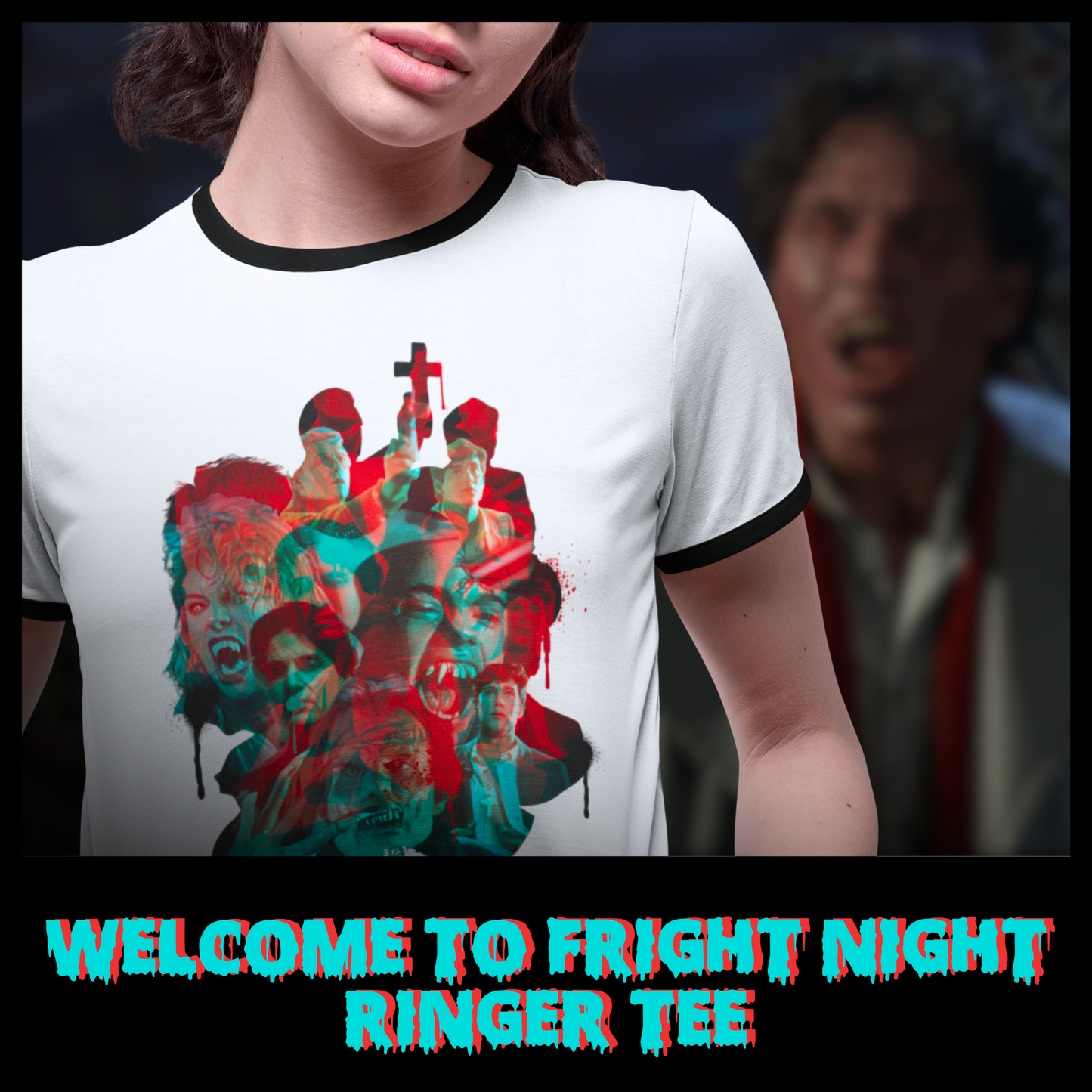 Welcome to Fright Night Ringer Tee | Glitch Horror T-Shirt Inspired by Cult Vampire Classic | 80's Horror tee | Pre-Order for Gathering of the Ghouls