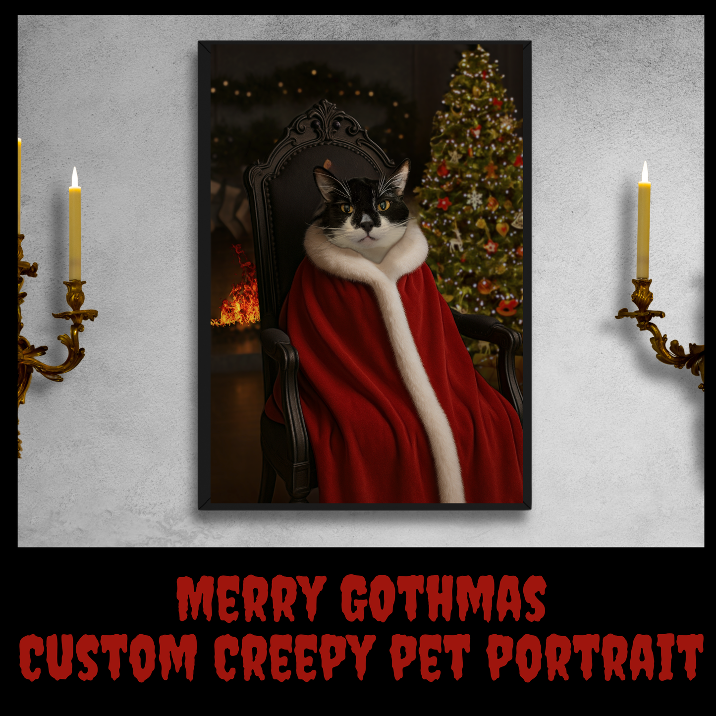Merry Gothmas Custom Creepy Pet Portrait • Horror Holiday Pet Art • Gothic Christmas Pet Painting • Cat or Dog Photo to Dark Xmas Artwork