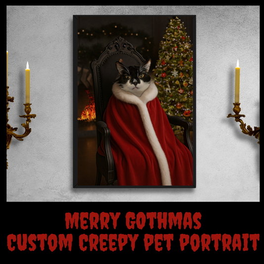 Merry Gothmas Custom Creepy Pet Portrait • Horror Holiday Pet Art • Gothic Christmas Pet Painting • Cat or Dog Photo to Dark Xmas Artwork