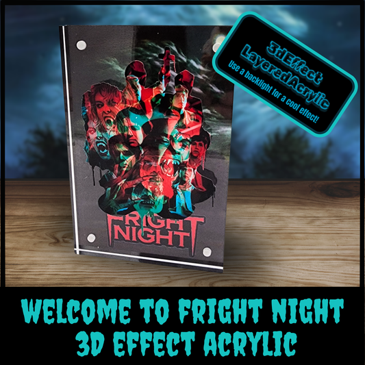 Welcome to Fright Night 3D Effect Acrylic – Layered Horror Collage | Glitch Design Display | Light-Up Autograph Frame by Sinister Studios AZ