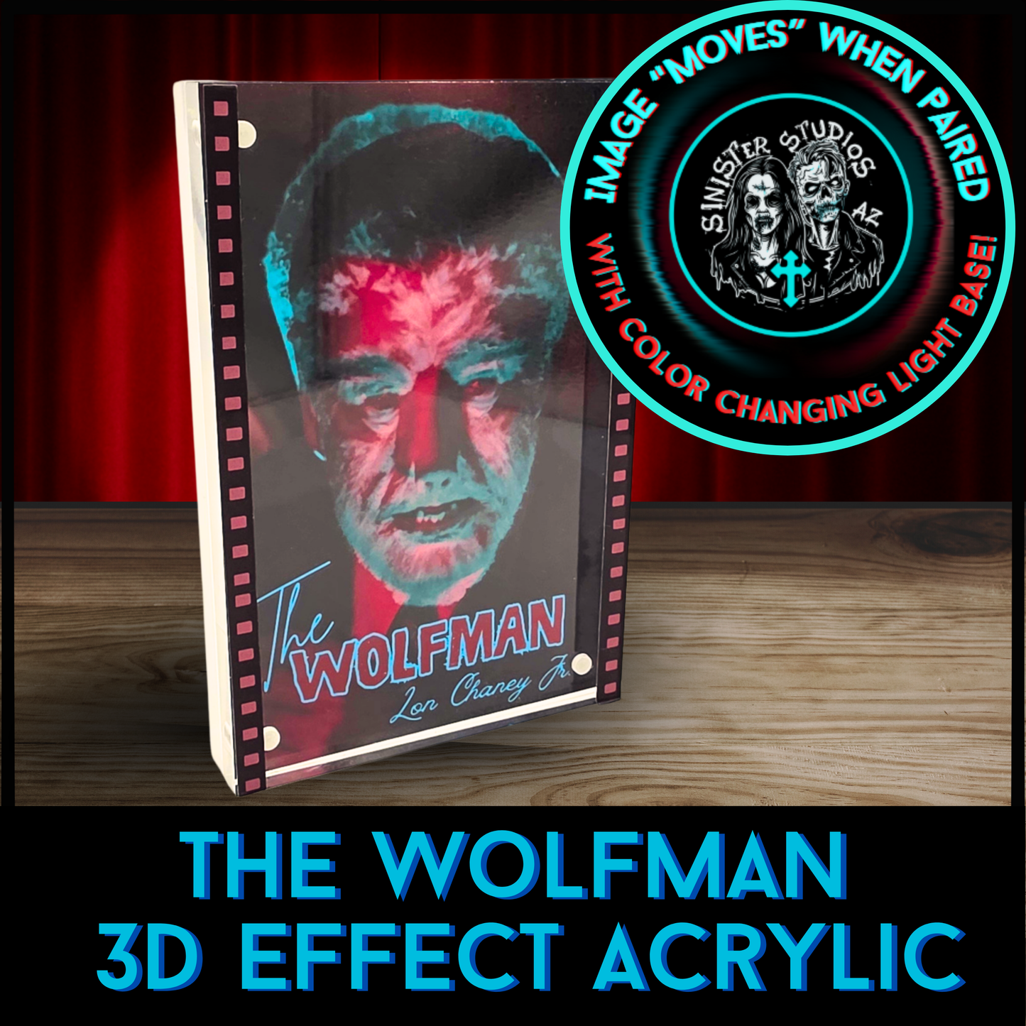 The Wolfman 3D Effect Acrylic – Color Reactive Lon Chaney Jr Monster Illusion Art Display with Optional RGB LED Light Base