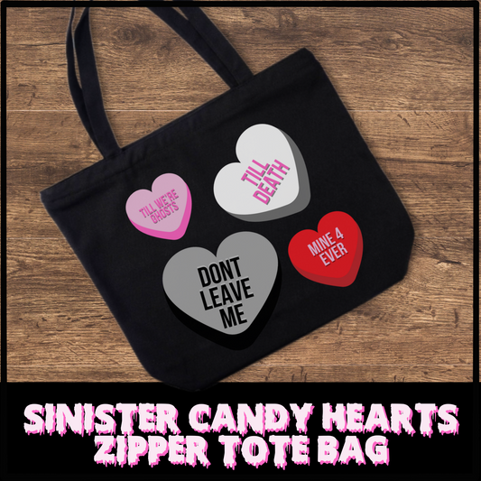 Sinister Candy Hearts Zippered tote bag gift for horror fan reusable shopping tote Valentine horror tote bag gift for her