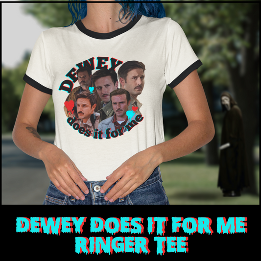 Dewey Does It for Me Ringer Tee – David Arquette Scream Tribute Shirt – Horror Convention Tee – Unisex Off-White Cotton Tee
