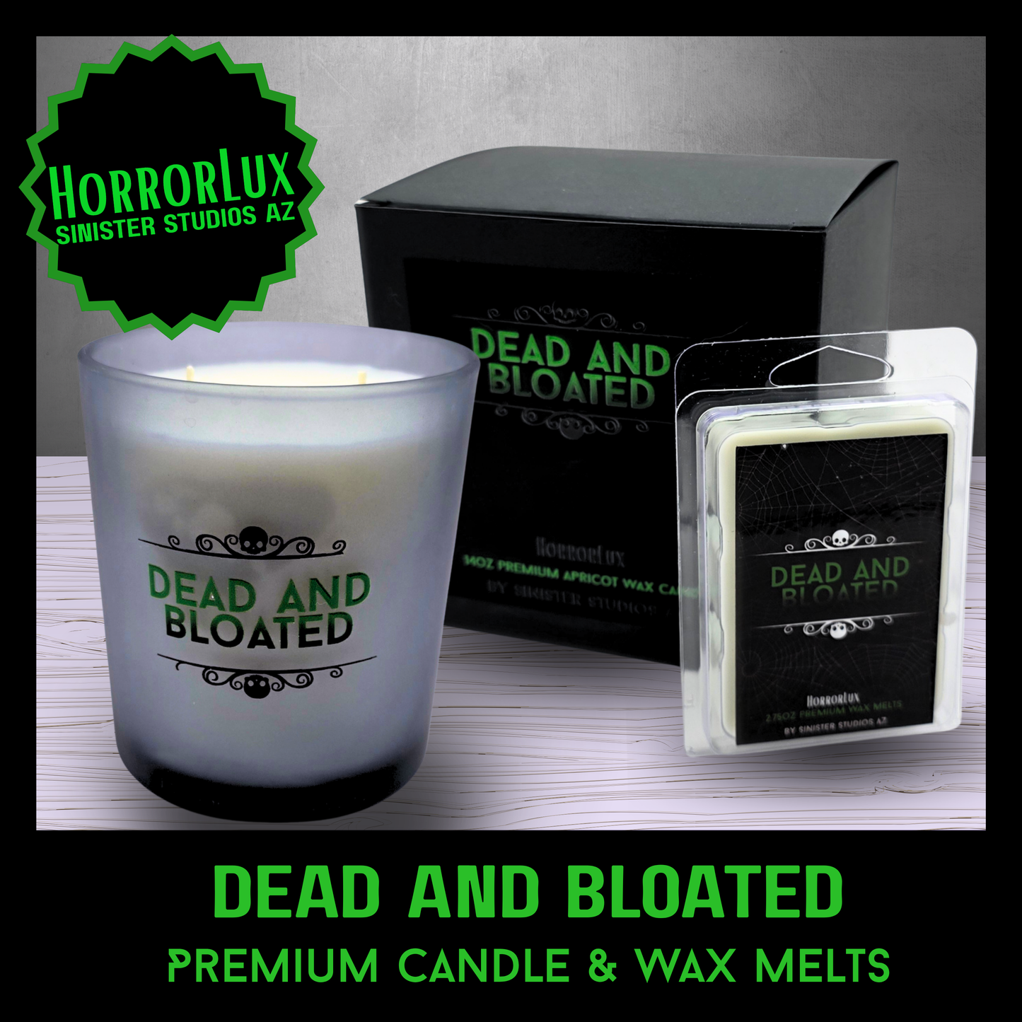 Dead and Bloated HorrorLux Candle & Wax Melts Set, Leather Tobacco Dirt Scent, Gothic Luxury Horror Candle Gift