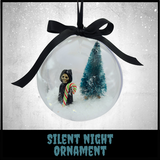 Silent Night Ornament | Grim Reaper with Candy Cane Staff in Snow Scene | Gothic Christmas Décor | Sinister Studios AZ